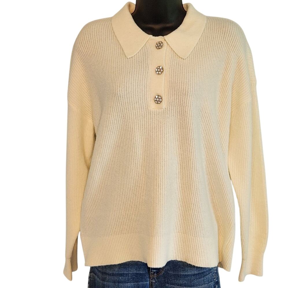 LOFT cream collared sweater jeweled buttons size M NWT